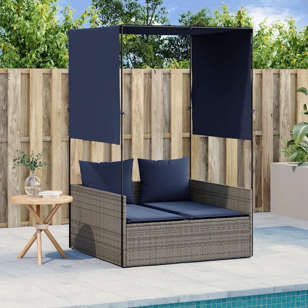 Lettino prendisole doppio con tettoia e tende in Polyrattan Grigio 4002761