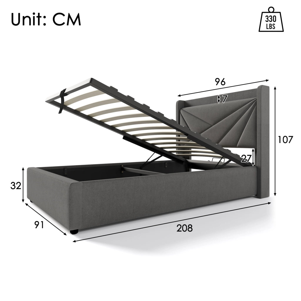 Letto singolo contenitore 90x200 cm con USB e Type-C; testiera imbottita; grigio