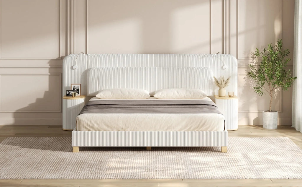 Letto 140x200 cm in velluto a coste beige, con comodino e lampada da notte
