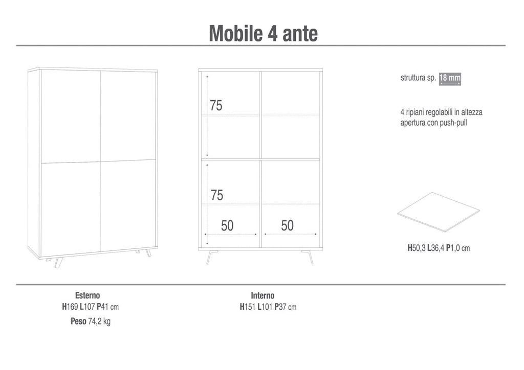 Mobile Multiuso 4 Ante 107x169x41 cm Ossido Bianco/Marmo Calacatta