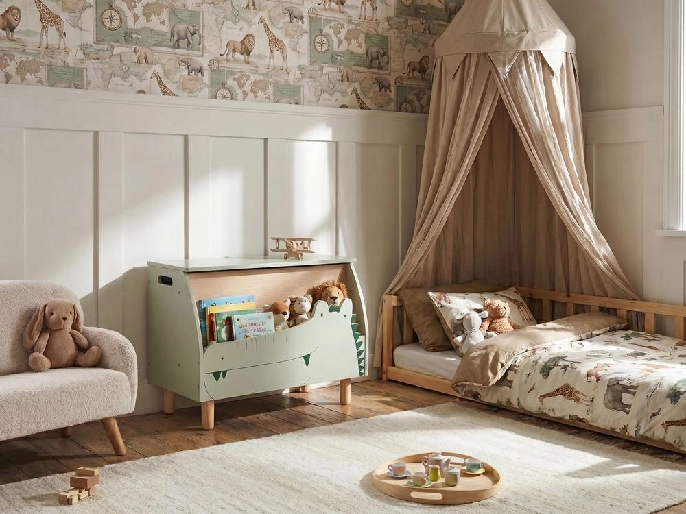 Scatola portagiochi verde chiaro in MDF con gambe in legno di gomma e coperchio, per la cameretta dei bambini