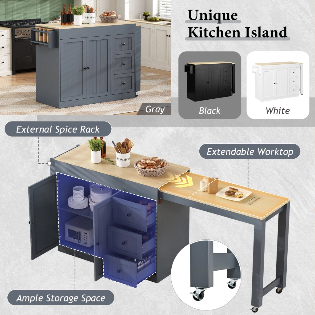 Carrello cucina con 3 cassetti; ripiani regolabili e piano estraibile per cucina e sala da pranzo