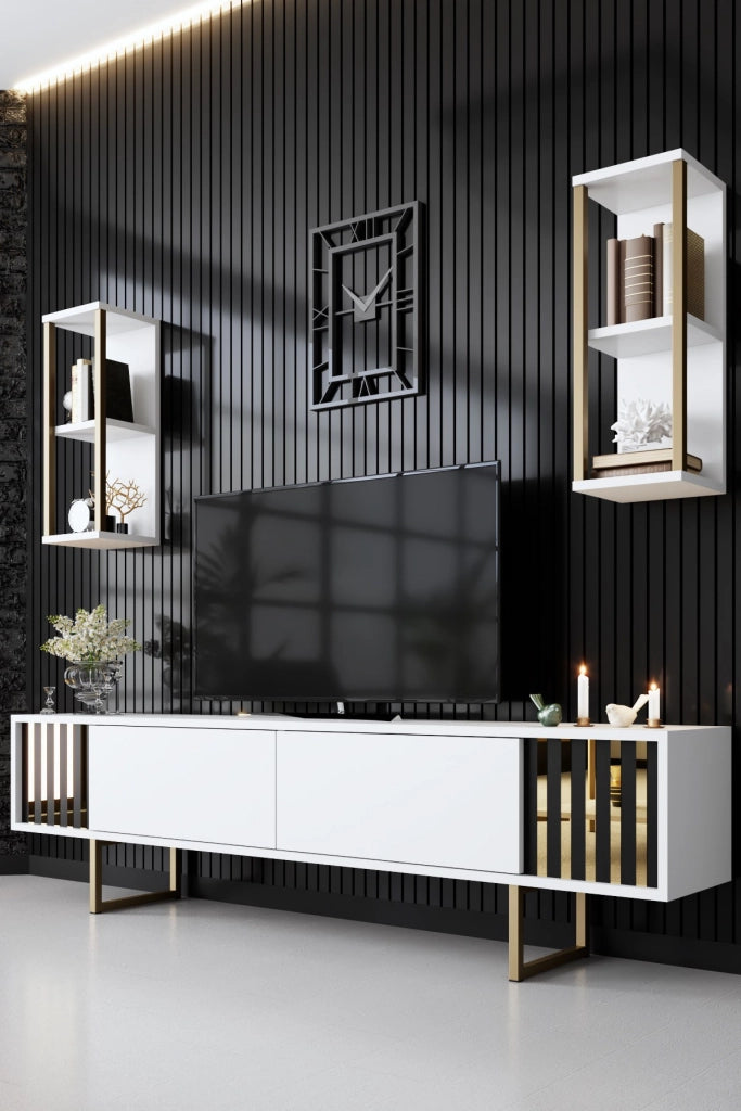 Porta TV in legno "Gold Line" - 180 x 30 x 48 cm - Bianco-Nero