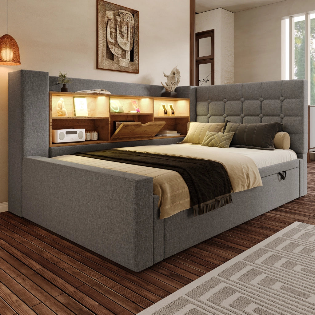 OKWISH Letto estraibile 90×200 cm, Letto Singolo con LED Regolabile, USB, Tipo C e Contenitori, senza Materasso, in Lino, Grigio
