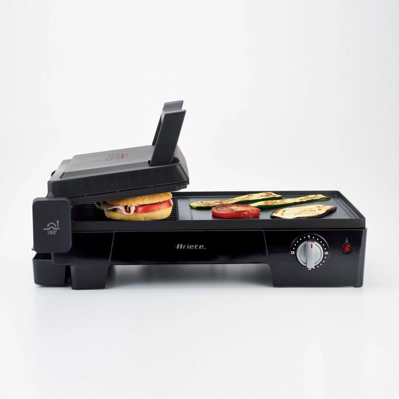 Griglia Elettrica 3 in 1 - Barbecue, Piastra Liscia e Rigata, Apertura 180°