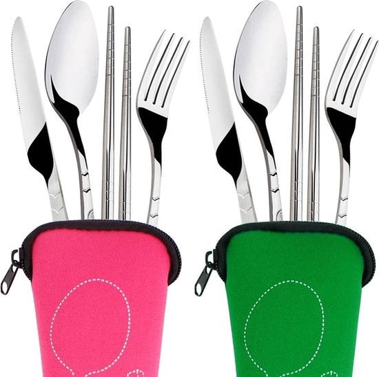 Set di 8 pezzi di utensili (coltelli, forchette, cucchiai, bastoncini) con set di 2 servizi in acciaio inossidabile con borsa portatile per viaggi, campeggio, picnic, lavoro, escursioni (verde, rosa)