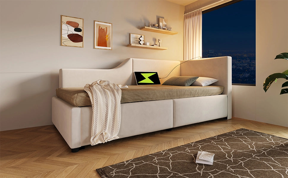 DESMIU Letto Divano 90 × 200 cm Singolo con Contenitore, USB, Type-C e Lampada da Lettura, Senza Materasso