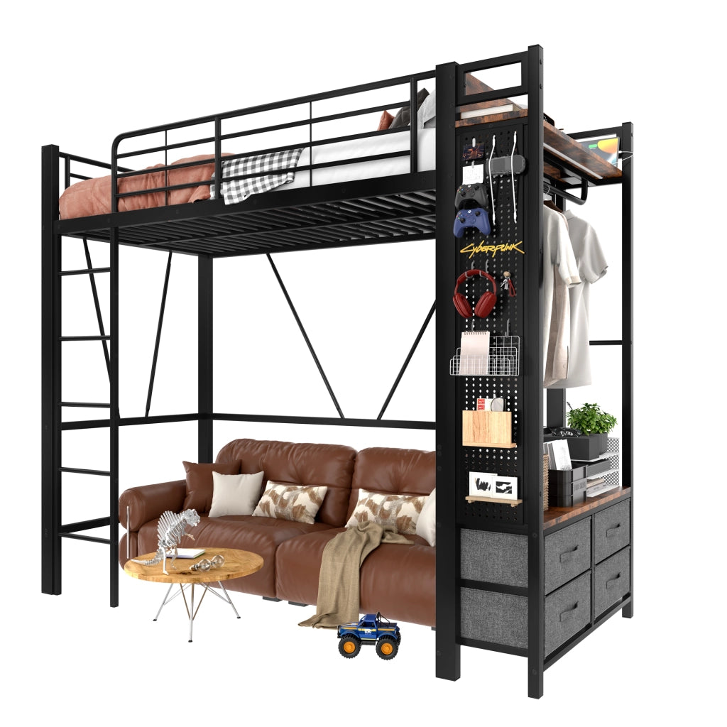 Letto a castello nero in metallo con funzioni integrate 90x200 cm