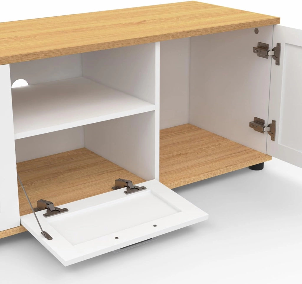 IDMarket - Mueble TV VITO con cajón y hornacina blancos y encimera de madera de 110 cm