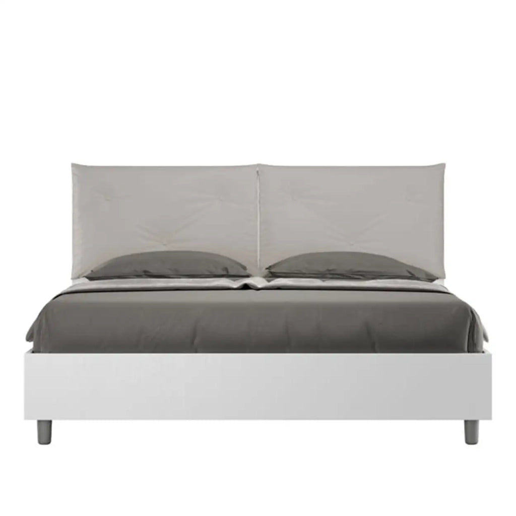 Letto matrimoniale contenitore 160x190 bianco frassino cuscini similpelle tortora Egos Appia
