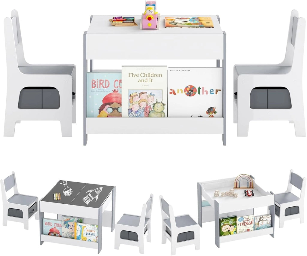 Set Tavolino Bambini con 2 Sedie per Bambini, Tavolo e Sedie 4 in 1 con Piano Doppa Faccia, Librerie Laterali e Scatola in Tessuto, Mobile Salvaspazio per Asilo e Cameretta (Grigio, Stile 2)