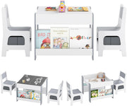 Set Tavolino Bambini con 2 Sedie per Bambini, Tavolo e Sedie 4 in 1 con Piano Doppa Faccia, Librerie Laterali e Scatola in Tessuto, Mobile Salvaspazio per Asilo e Cameretta (Grigio, Stile 2)