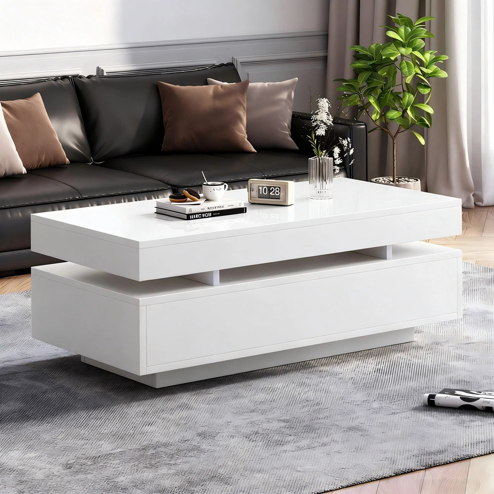 Tavolino da Caff¨¨ con 2 Cassetti e LED ¨C MINIMAL ¨C Bianco Lucido 100x50x35