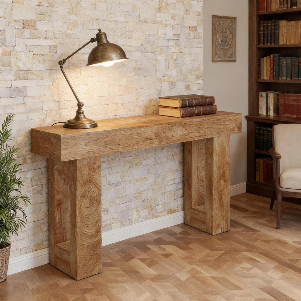 consolle da ingresso in legno stile casa di campagna, piano lungo 160 cm, marrone, per soggiorno e corridoio