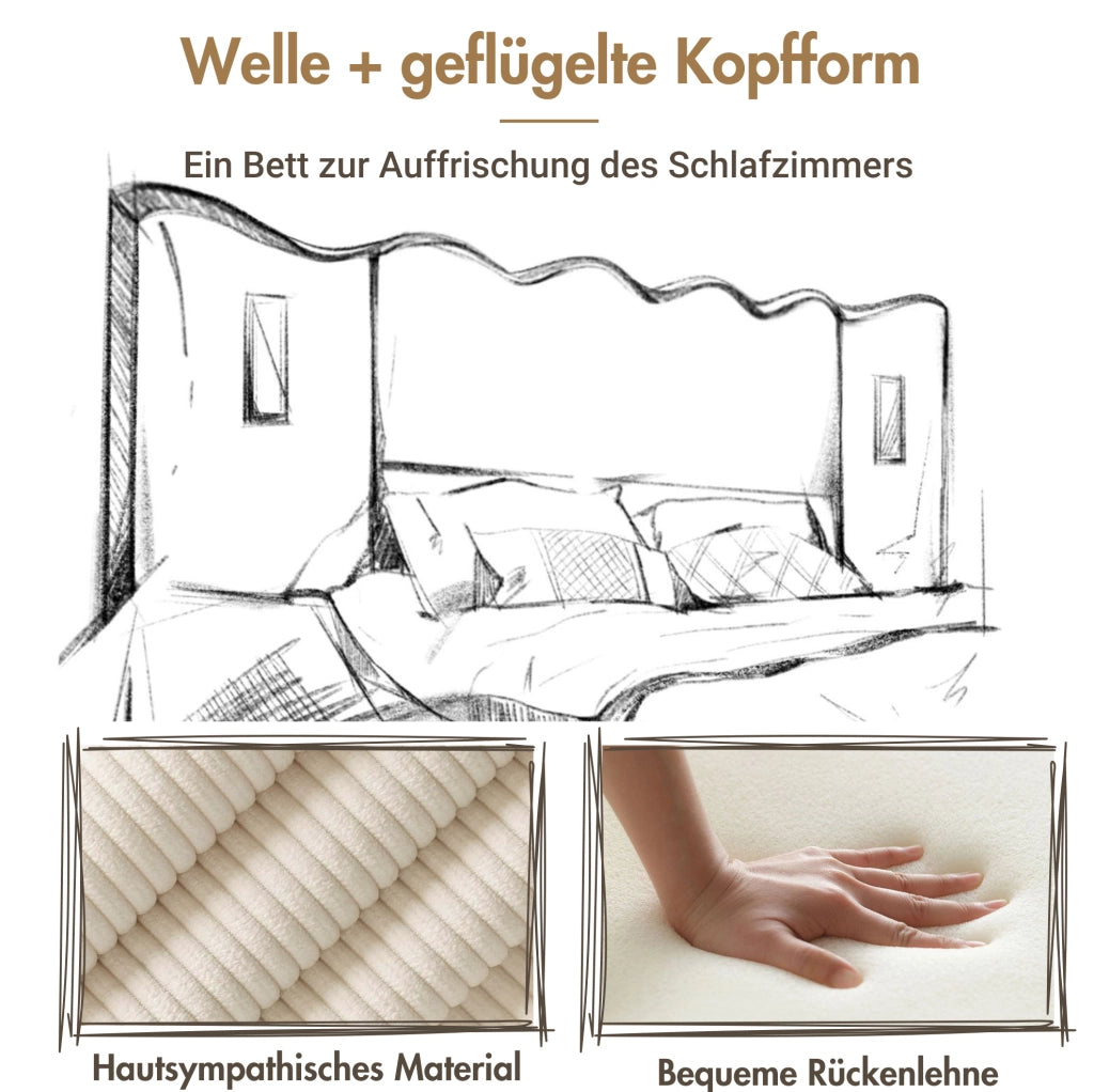 Letto matrimoniale 180x200 cm in tessuto corduroy beige e bianco con luce da lettura; USB e contenitore