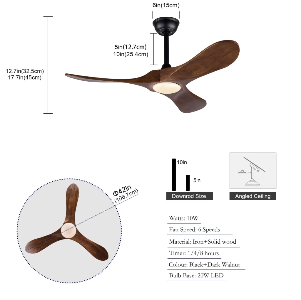 Ventilatore da soffitto 42" con LED dimmerabile e telecomando, nero e noce scuro