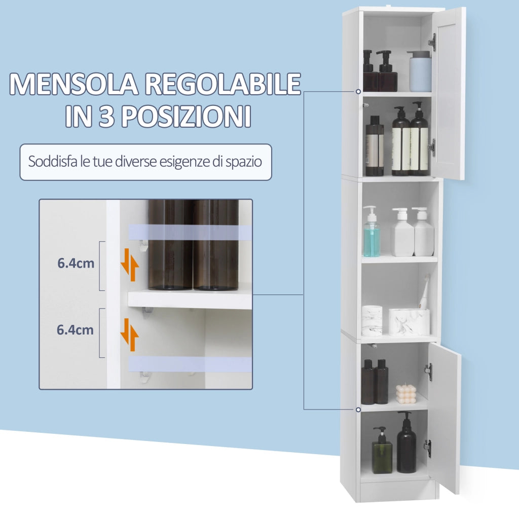 Colonna Bagno Salvaspazio in Legno con Specchio e Apertura a Pressione, 30x28x170cm, Bianco