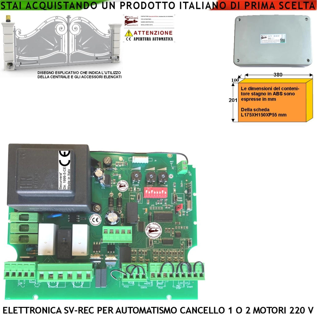 Centralina Di Comando Per Cancello 2 Ante 230 V Tempi e Funzione Programmabili Forza Regolabile. Ricevente Radio Alimentazione 12/24 V Per Accessori. Fine Corsa Motori Ricambio Adatta Proteco Benincà