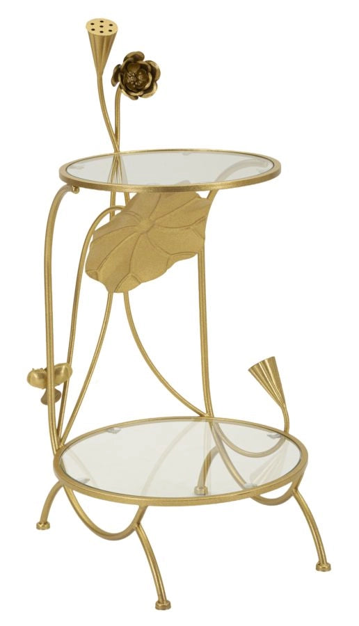 Tavolinetto 2 Ripiani Flowers cm Ø 40x78 - Tavolo di Servizio in Ferro e Vetro Effetto Marmo - Stile Glam con Dettagli Floreali