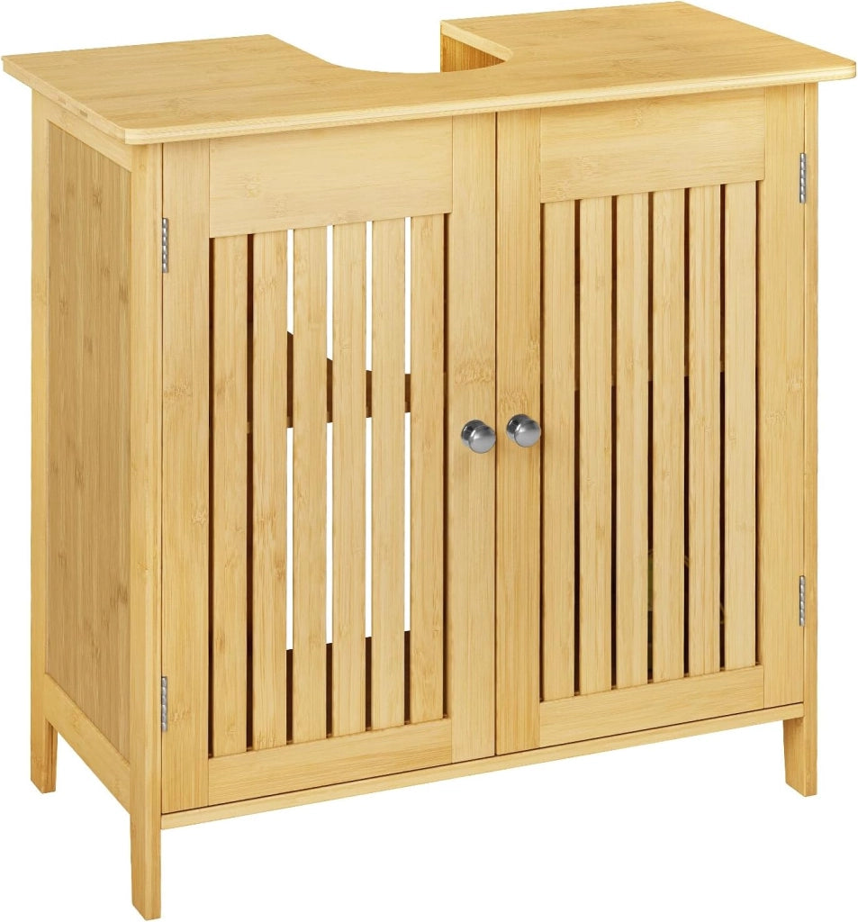Mobile Sottolavabo in Bambù, Armadietto da Bagno, Mobiletto da Sotto Lavandino, con Ante, Ripiano Regolabile, 2 Scomparti, 60x30x60 cm