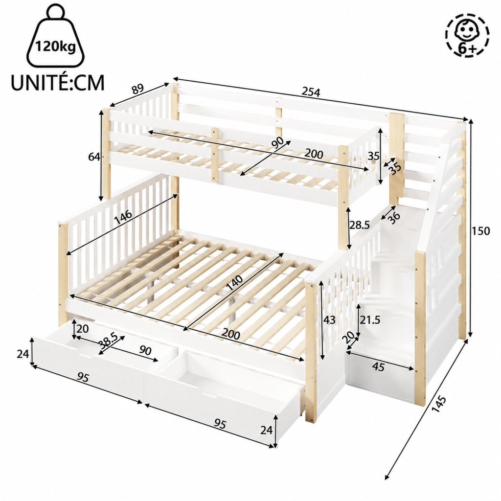 Letto a castello 90 × 200 cm et 140 × 200 cm con cassetti, barriera di sicurezza, senza materasso, pino, bianco naturale