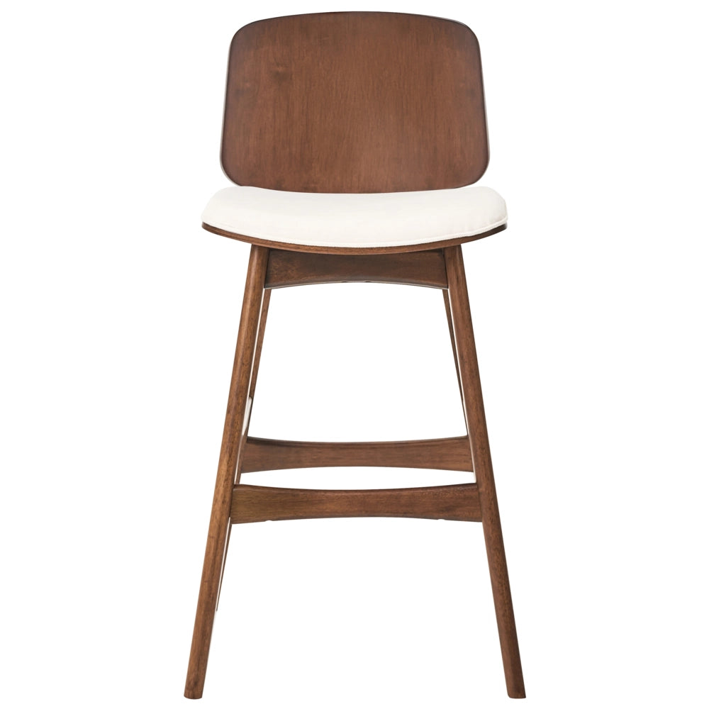 Set di 2 sgabelli da bar in tessuto beige chiaro senza braccioli stile scandinavo struttura in legno di gomma marrone zona pranzo