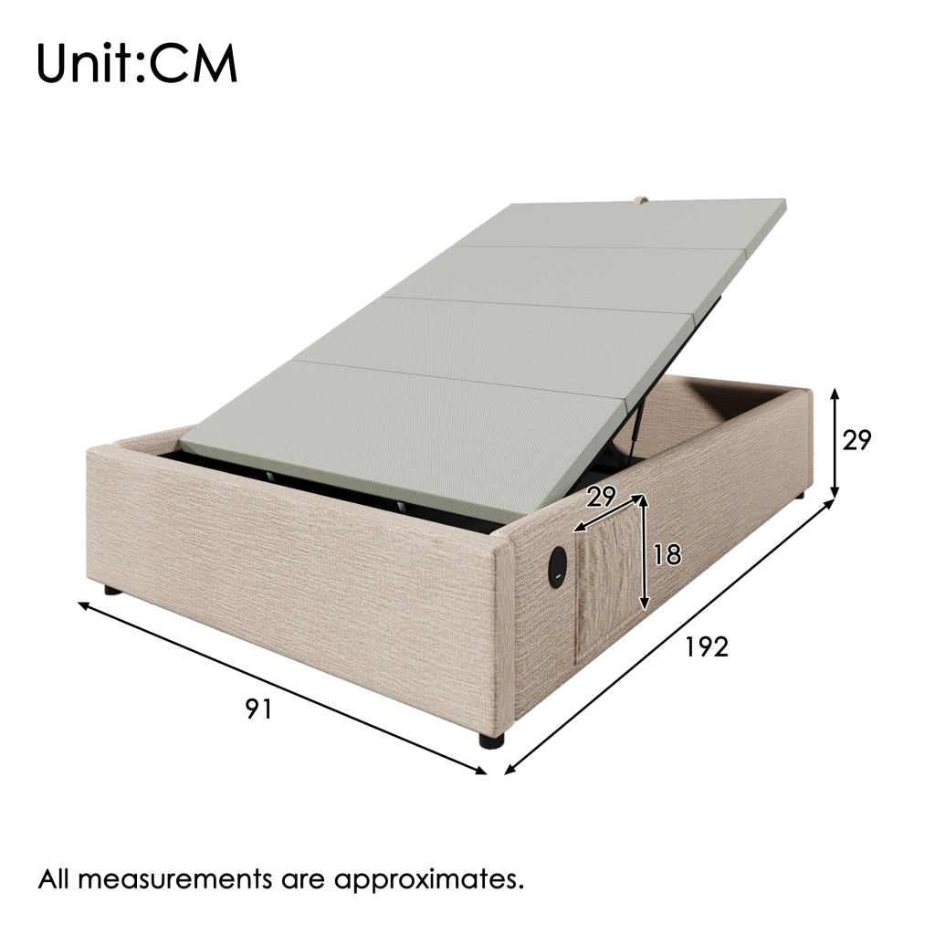 LETTO Contenitore 90x190 cm in lino Naturale con USB e Type-C