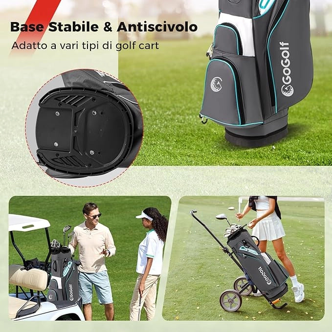 Borsa da Golf per Carrello con 14 Scomparti, Organizzatore Portatile per Mazze da Golf con Tasca Frigo, Tracolla Regolabile, Cappuccio Antipioggia e Porta Ombrello per Uomo e Donna