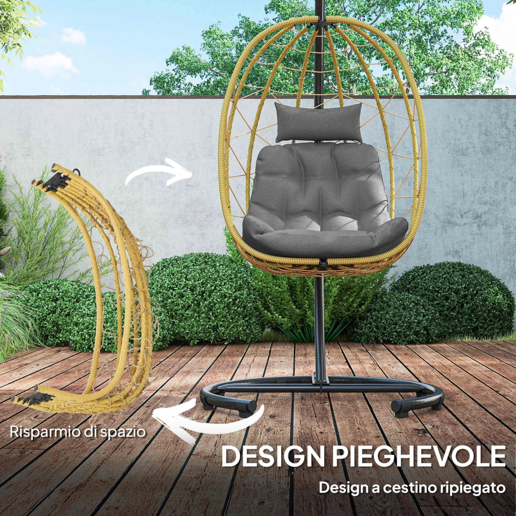 Poltrona Sospesa e Pieghevole con Cuscini, in Acciaio e Rattan PE, 102x102x195 cm, Nera Grigia e Beige
