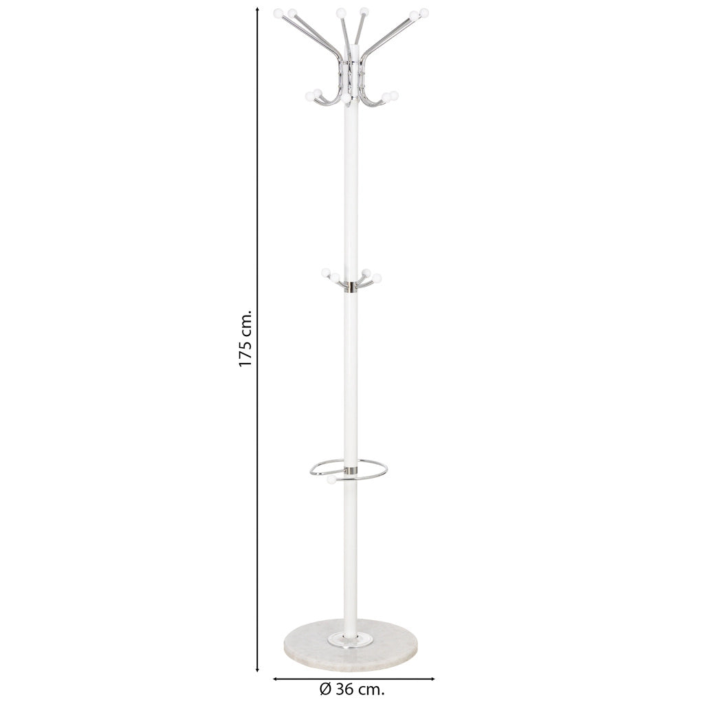 Perchero de metal blanco con paraguero y 6 ganchos D36x175h cm
