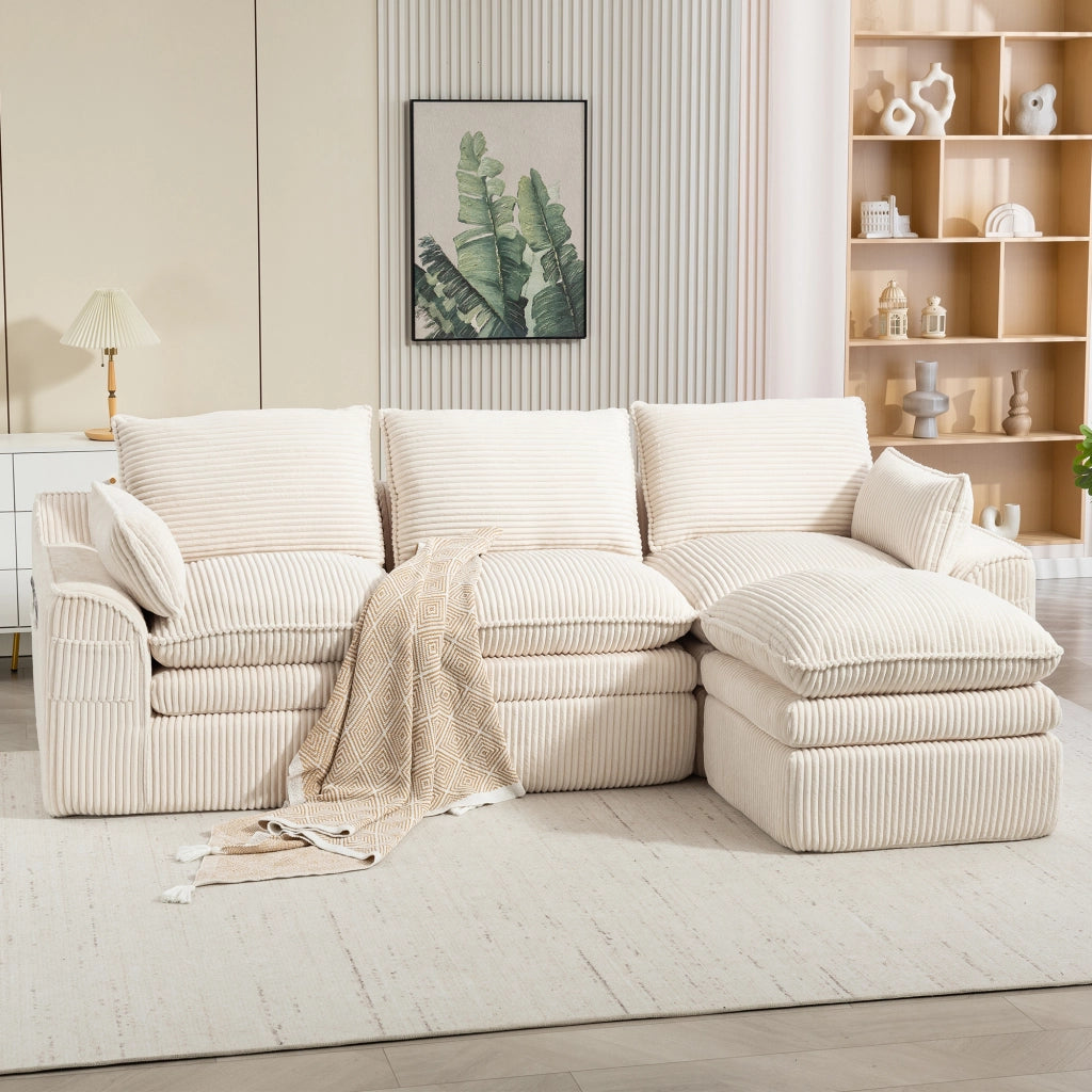Divano 3 Posti con Poggiapiedi e Cuscini in Tessuto ¨C MINIMAL ¨C Beige