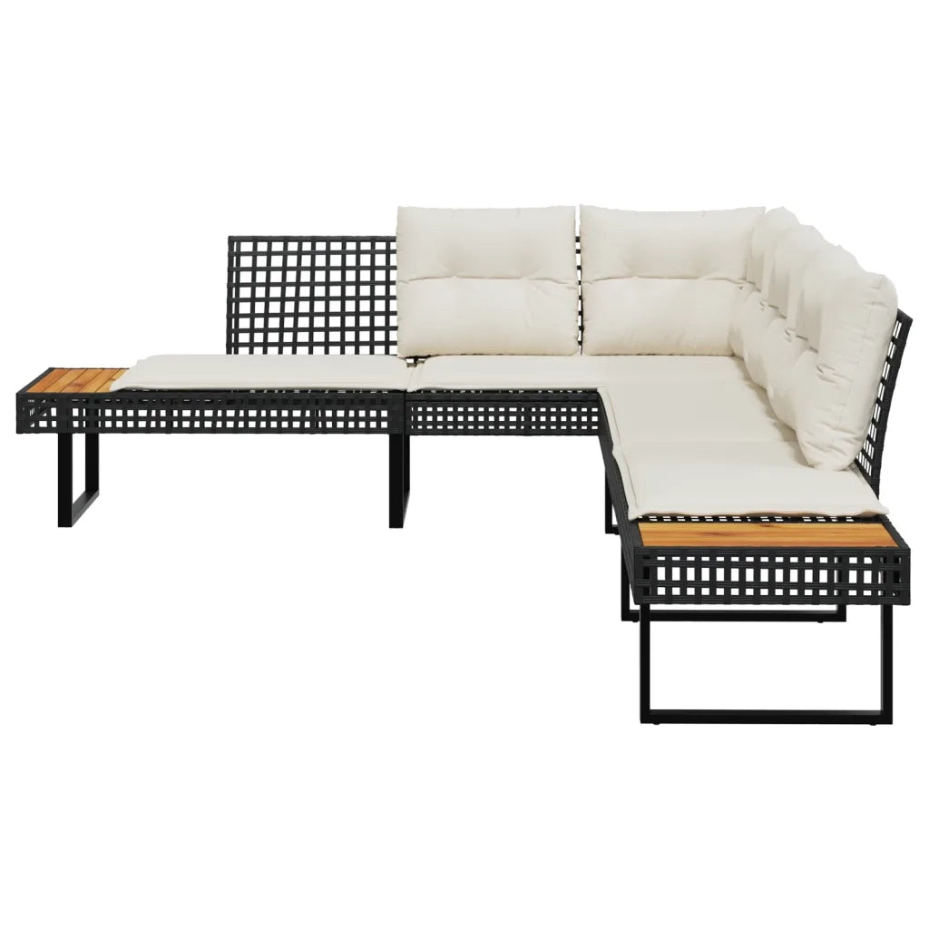 Divano da Giardino con Cuscini a L-Sofa da Giardino-Divano da esterno Nero in Polyrattan e Acacia