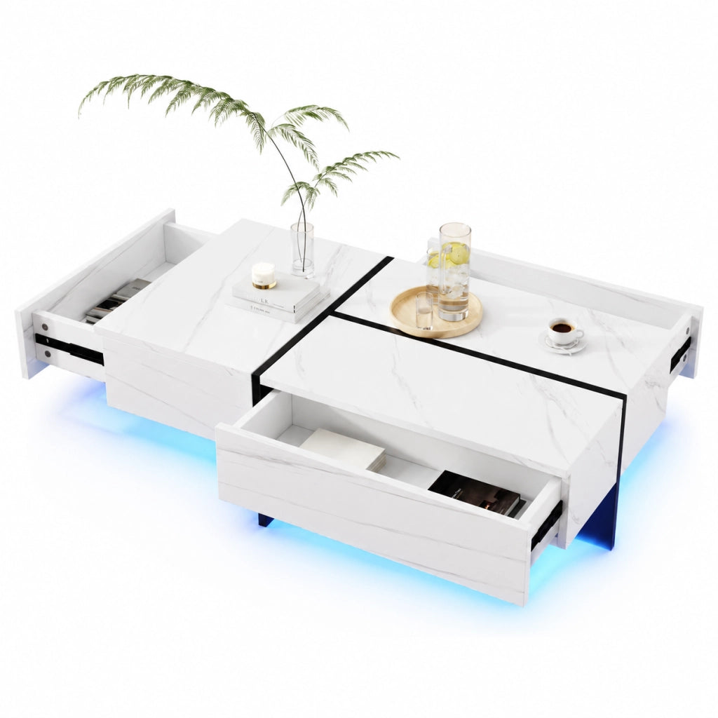 Tavolino da salotto 100x50x34.5 cm; effetto marmo lucido con LED controllato da app; pannello truciolare bianco