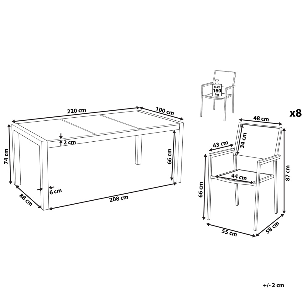 Set da pranzo da giardino bianco con piano in granito fiammato 8 posti 220 x 100 cm