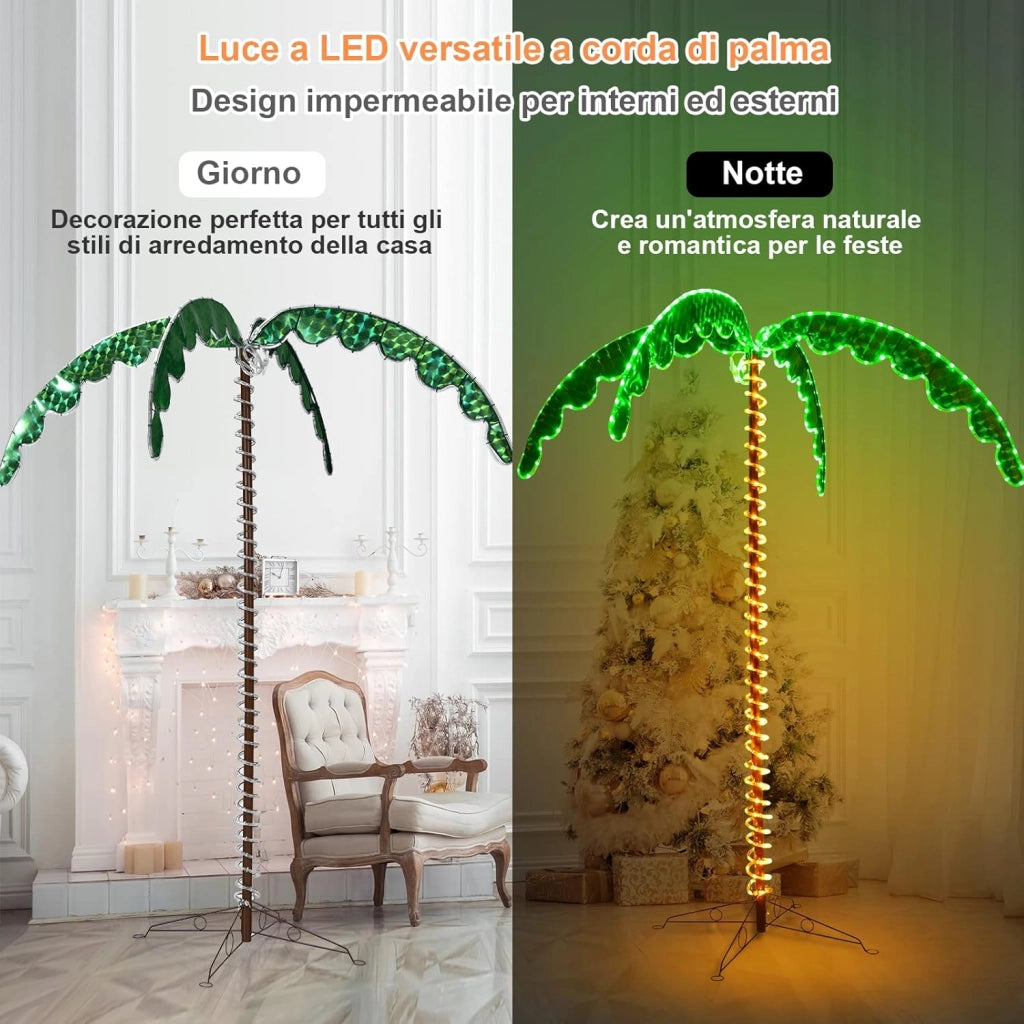 Palma Tropicale con Luci LED 136/168 cm, Illuminazione Esterna con Forma di Palma, con Base Pieghevole, Palma Realistica Decorativa per Feste e Esterno (168cm)