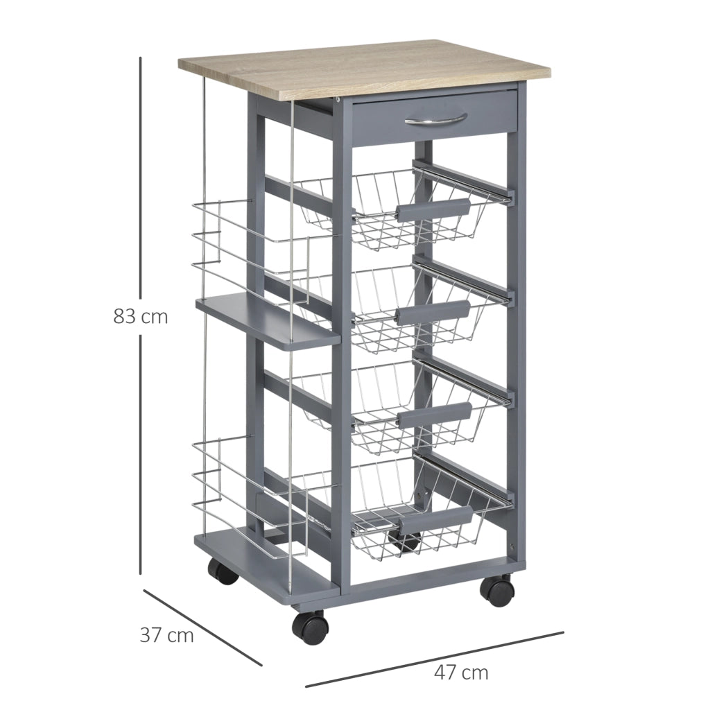 Carrello da Cucina in Grigio Scuro con 1 Cassetto e 4 Cestelli Metallici