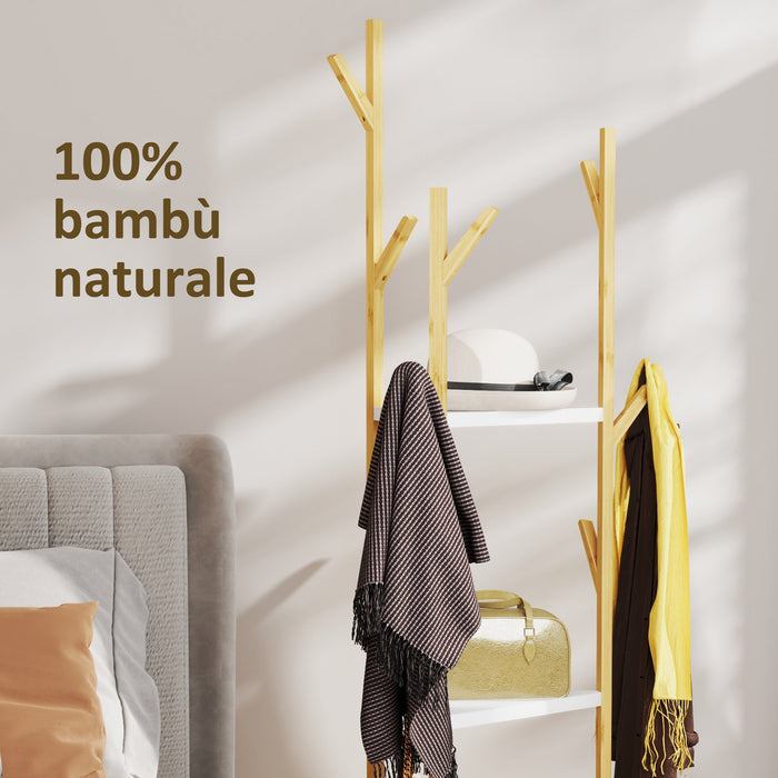 Albero Appendiabiti da Terra 45x45x170 cm con 8 Ganci e 3 Ripiani in Bambù Naturale e Bianco