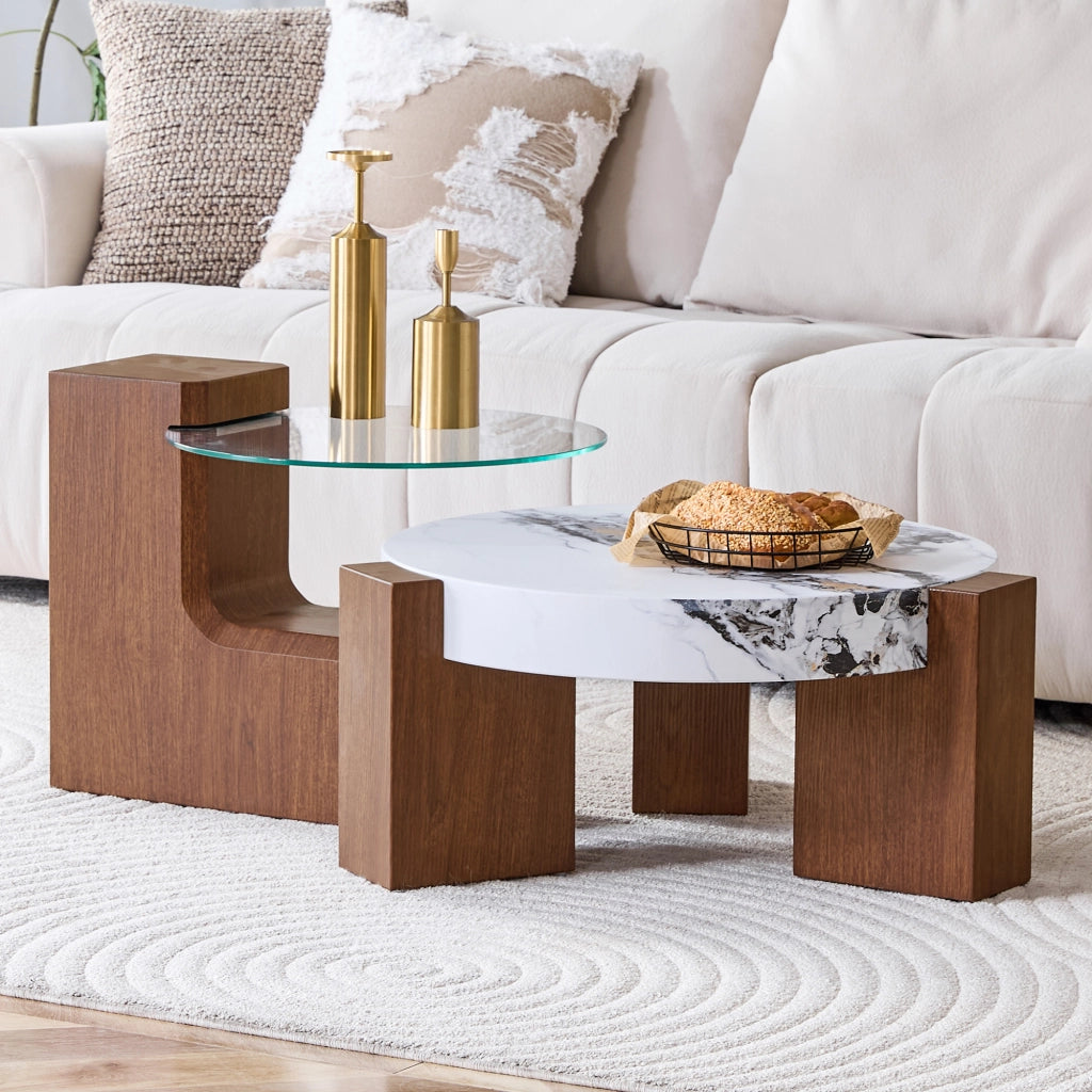 TAVOLINO DA CAFFÈ Set da 2 pezzi rotondo MDF effetto noce bianco marmo vetro