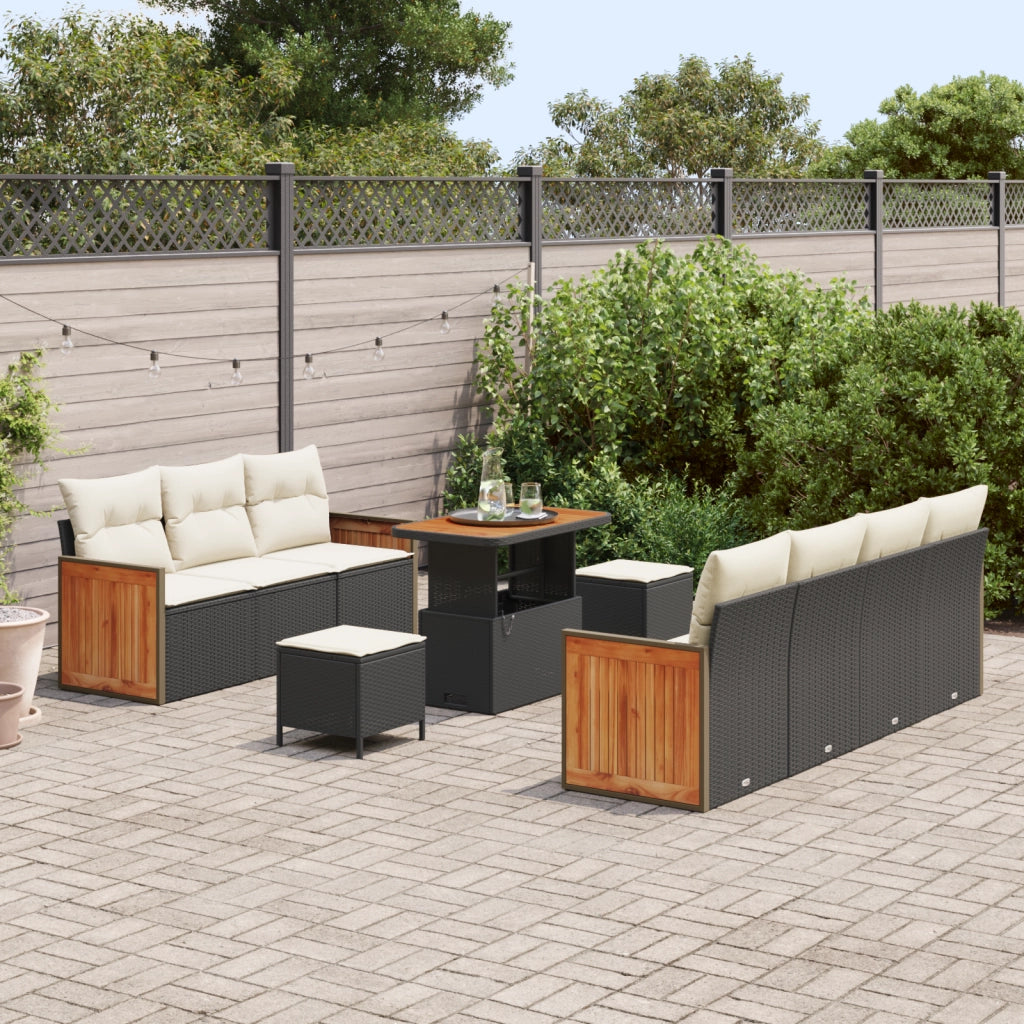 Set di 10 Pezzi Divano da Giardino con Cuscini Nero Polyrattan Acacia