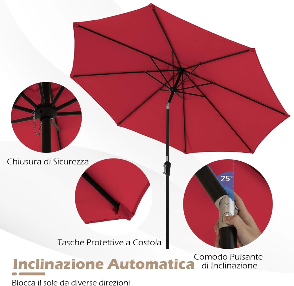 Ombrellone da Giardino, Diametro 290 cm, Ombrello da Spiaggia con Manovella e Inclinazione Regolabile, Ideale per Spiaggia, Balcone, Giardino (Rosso)