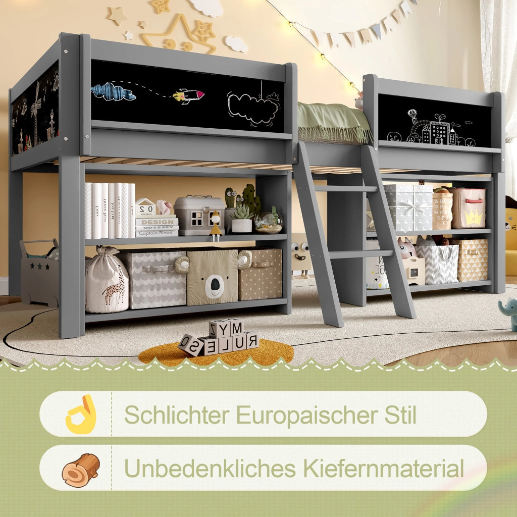 Letto rialzato grigio in pino con funzione contenitore 90x200 cm