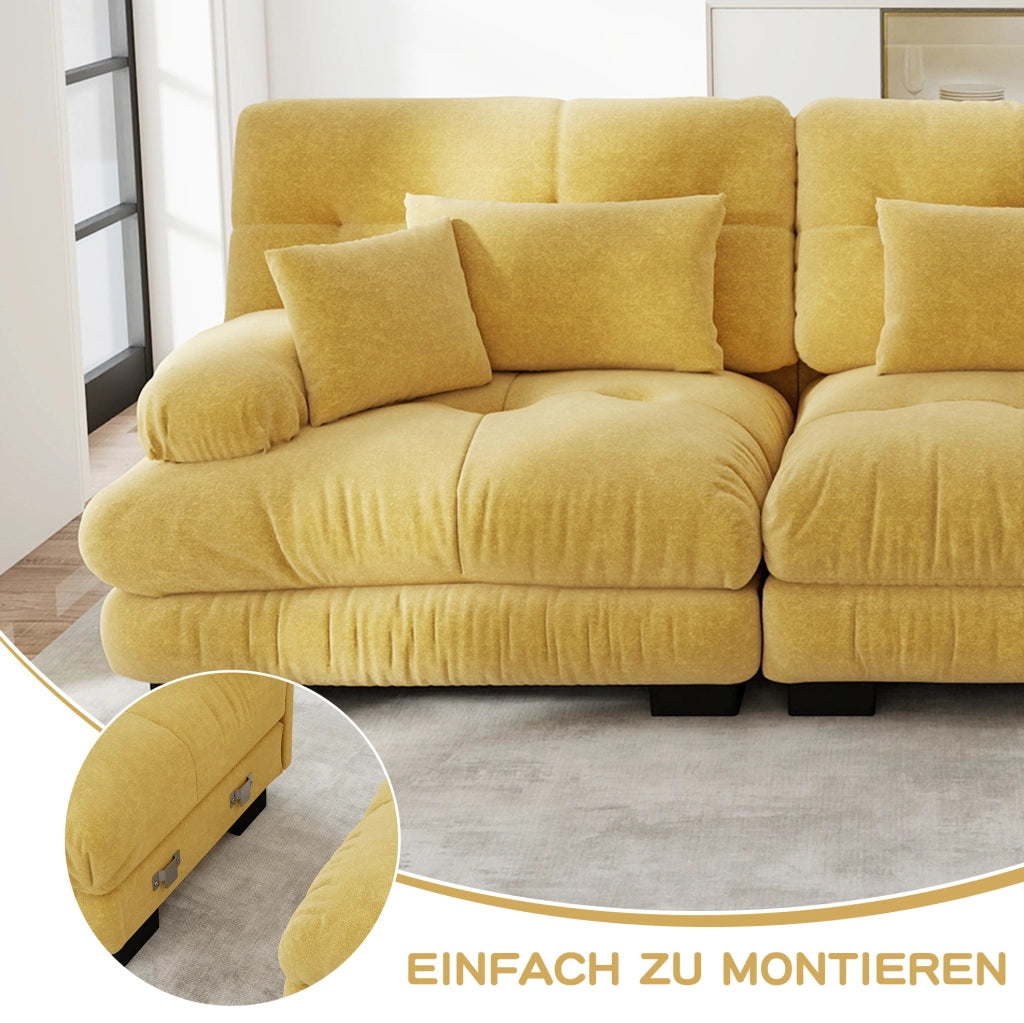 Divano modulare angolare in ciniglia gialla con pouf mobili