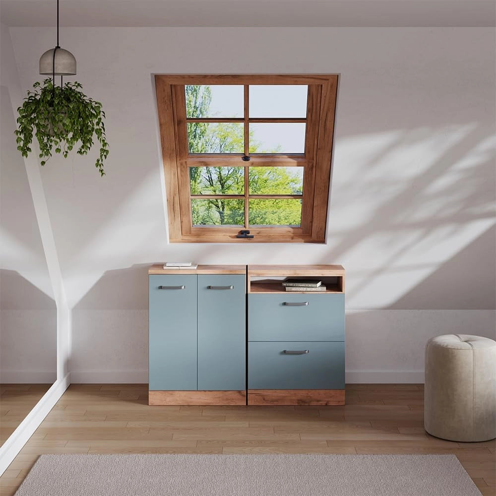 Set di mobili sottotetto Rion, Grigio-blu, 120 cm Set di 2 carcasse armadio profondità 60 cm, adatto per il salvaspazio sotto tetti spioventi