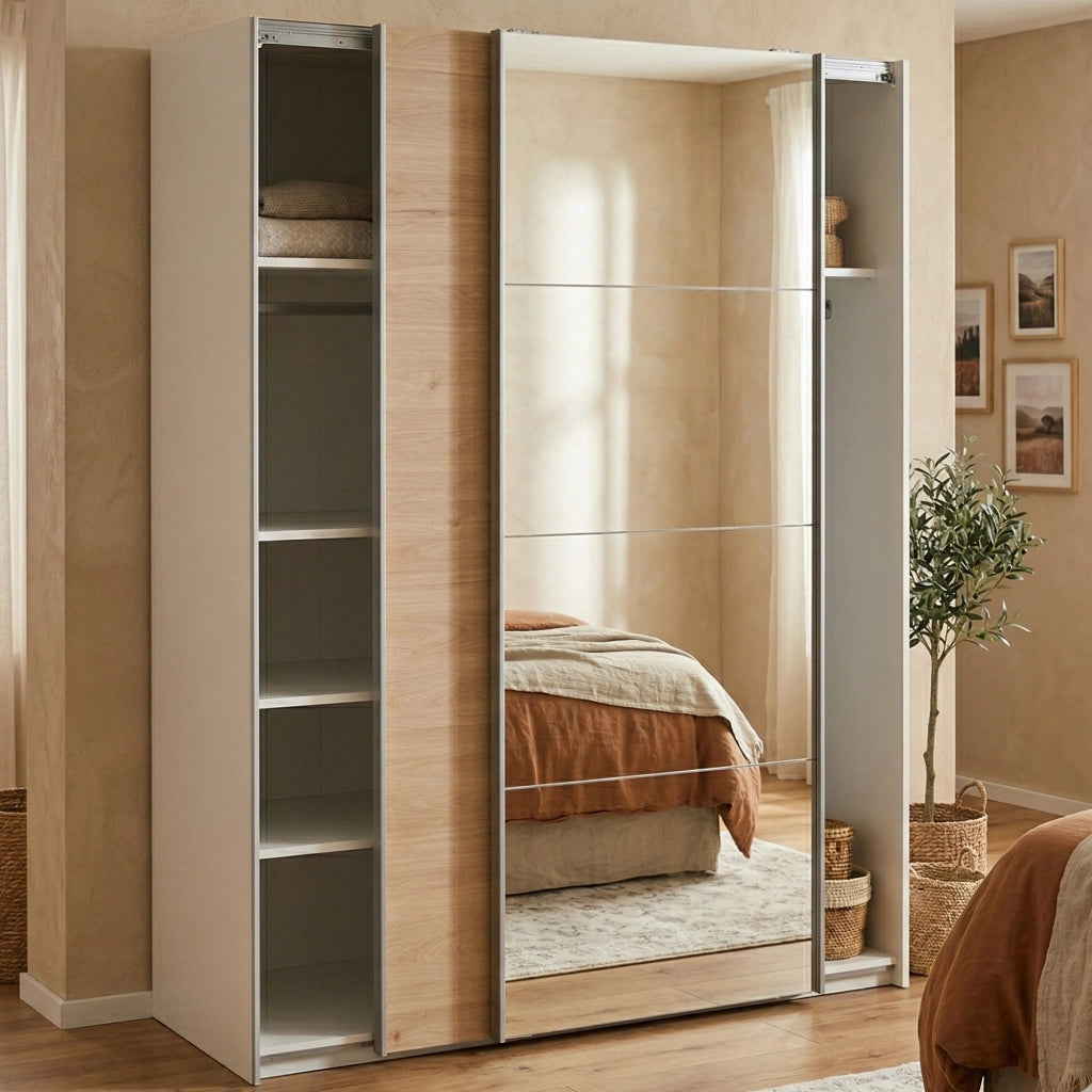 Guardaroba 2 ante Seraphine, Mobile camera da letto, Cabina armadio portabiti, Armadio appendiabiti, 150x61 h200 cm, Bianco e Rovere