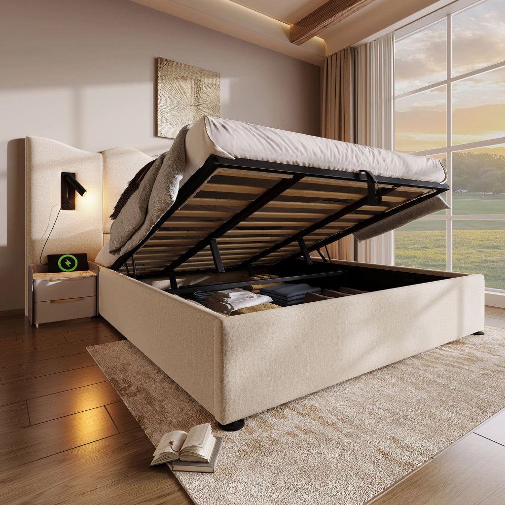 DESMIU Letto contenitore 180 × 200 cm 2 posti con lampada da lettura, USB e Type-C, senza materasso, beige