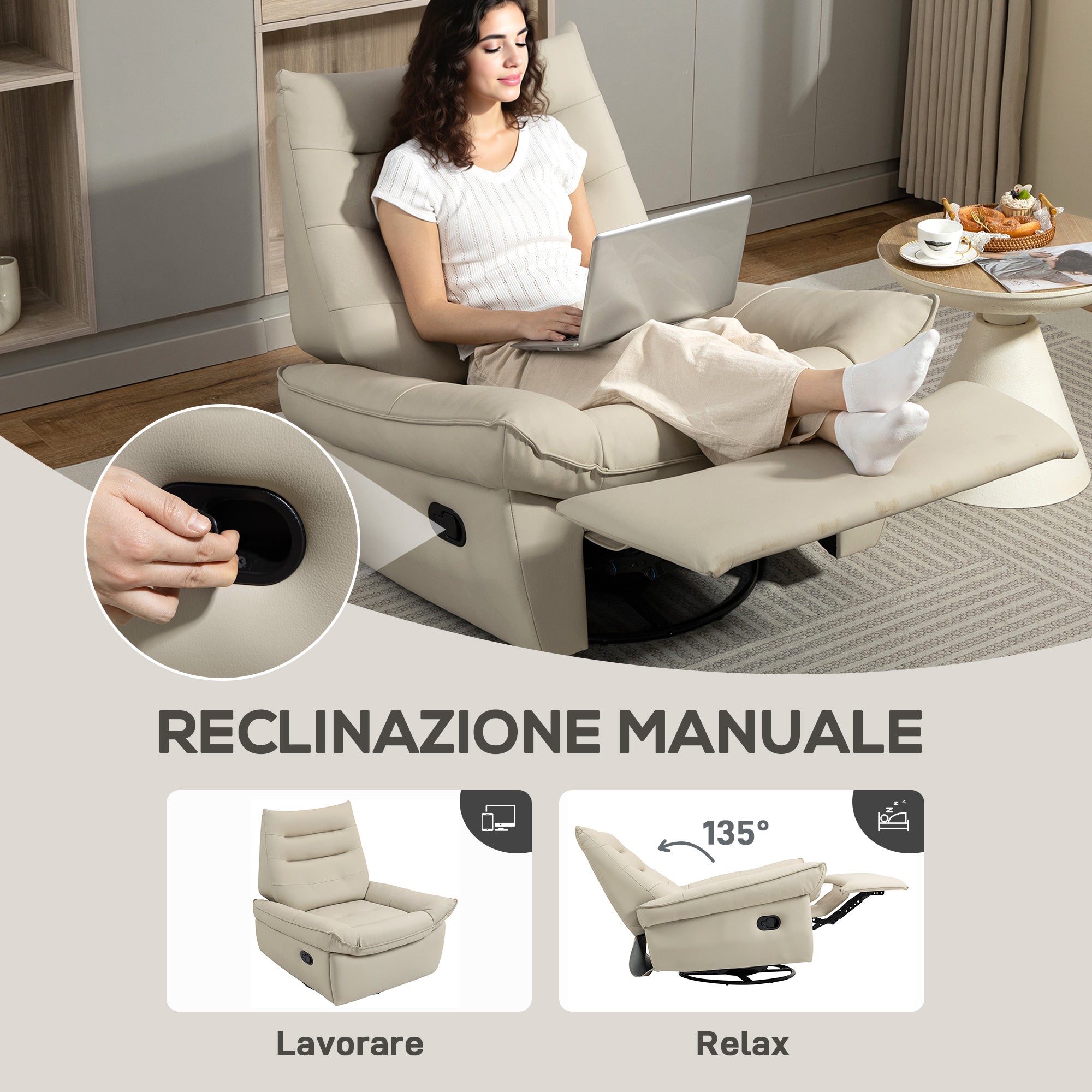 Poltrona Relax Reclinabile Manualmente con Poggiapiedi e Base Girevole Senza Braccioli Crema