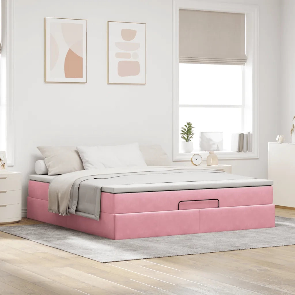 Struttura Letto Pouf con Materasso Rosa 160x200 cm in Velluto 3311200