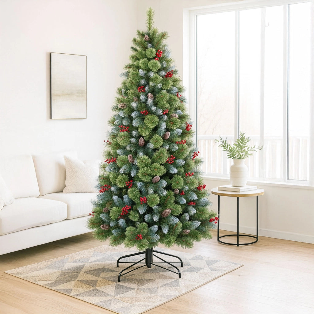 Cortina - Albero di Natale Innevato in PVC e PP con Pigne e Bacche Ø99x180H, 858 Punte