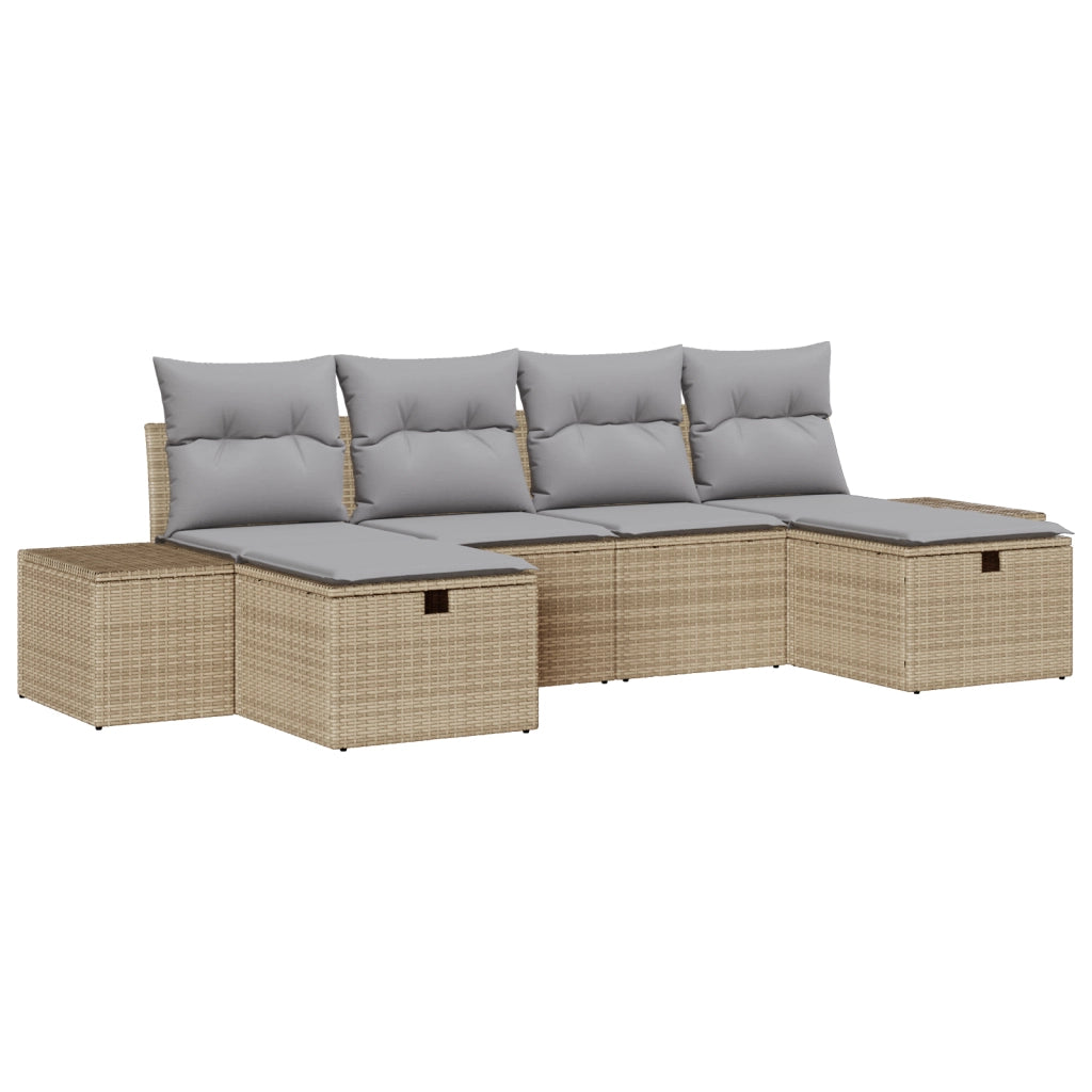Set Divano da Giardino 6 Pezzi con Cuscini Beige Rattan Polipropilene