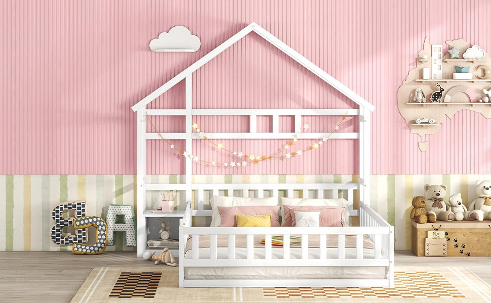 DESMIU Letto a Casetta per Bambini 140 × 200 cm 2 Posti con Sponda e Comodino, Senza Materasso, Bianco